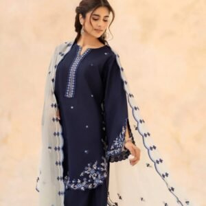 Navy Blue Embroidered 3-Pc Suit