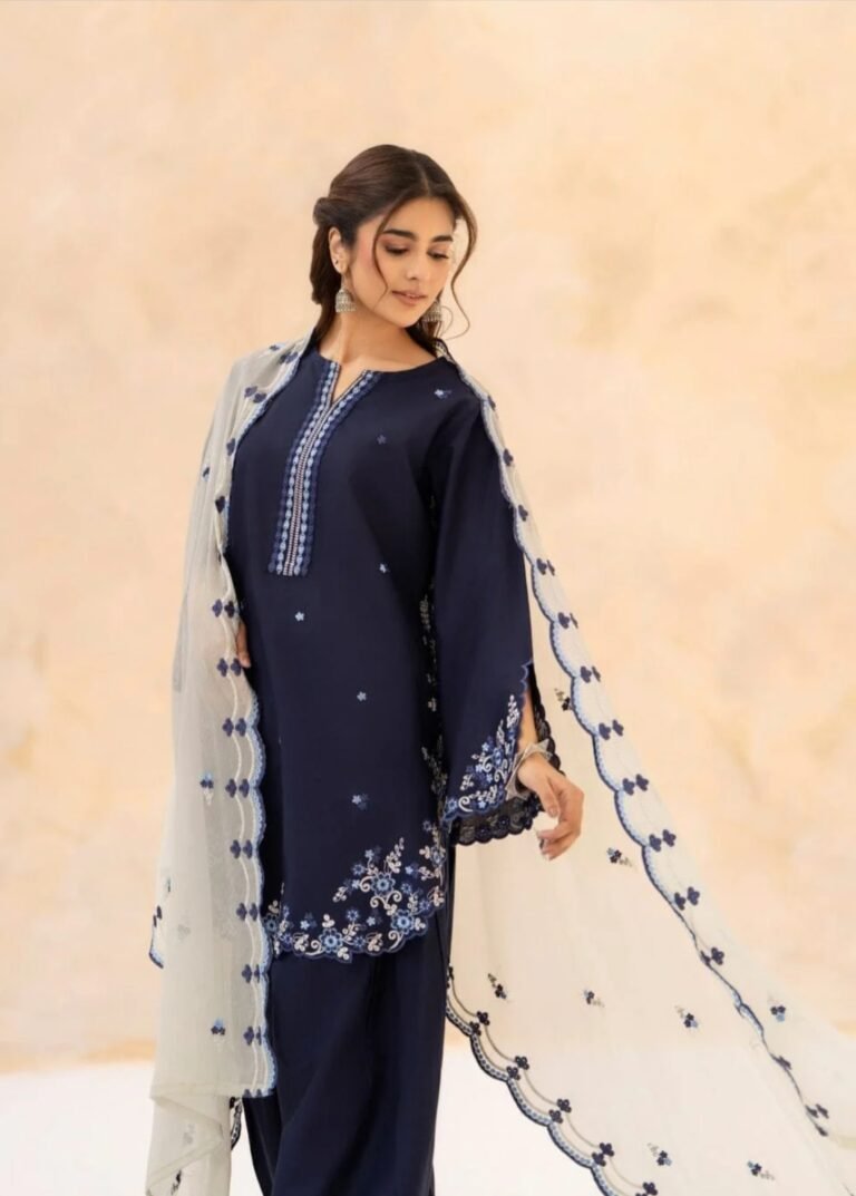 Navy Blue Embroidered 3-Pc Suit