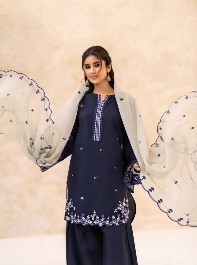 Navy Blue Embroidered 3-Pc Suit angle view